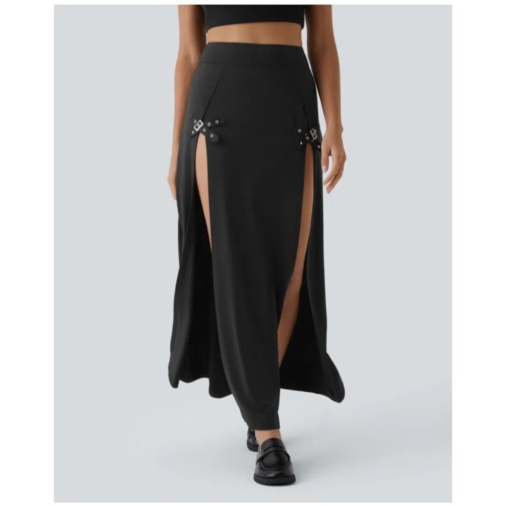 Halara Skirt Shorts Women M Black Double Slit Buckle Maxi Skort NWT Athleisure